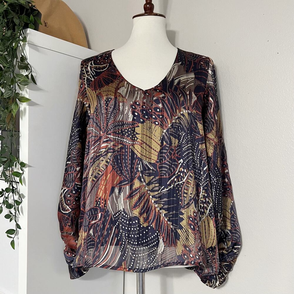 VICI Women's Brown Metallic Stripes Leaf Pint V-Neck Blouse Top Size Medium